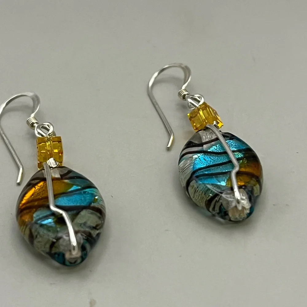 Sterling Silver and Blue Artistic Murano Swirl Earrings - Picture 2 of 3